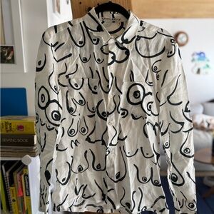 Gravel & Gold M white linen boobs button up